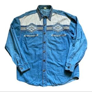Vintage western button up shirt mens large fit 90’s denim cream blue
